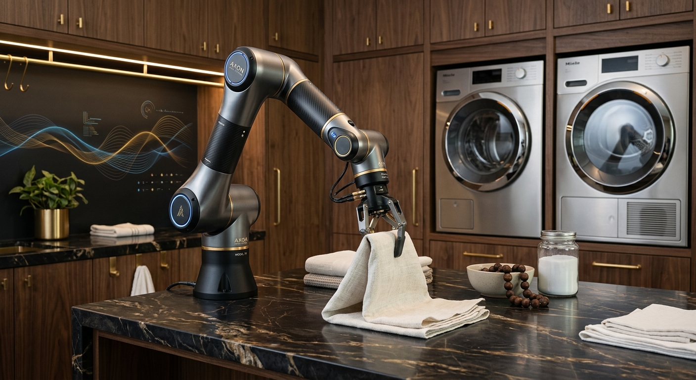A robotic arm is seen in a modern laundry room, handling towels and surrounded by washing machines.