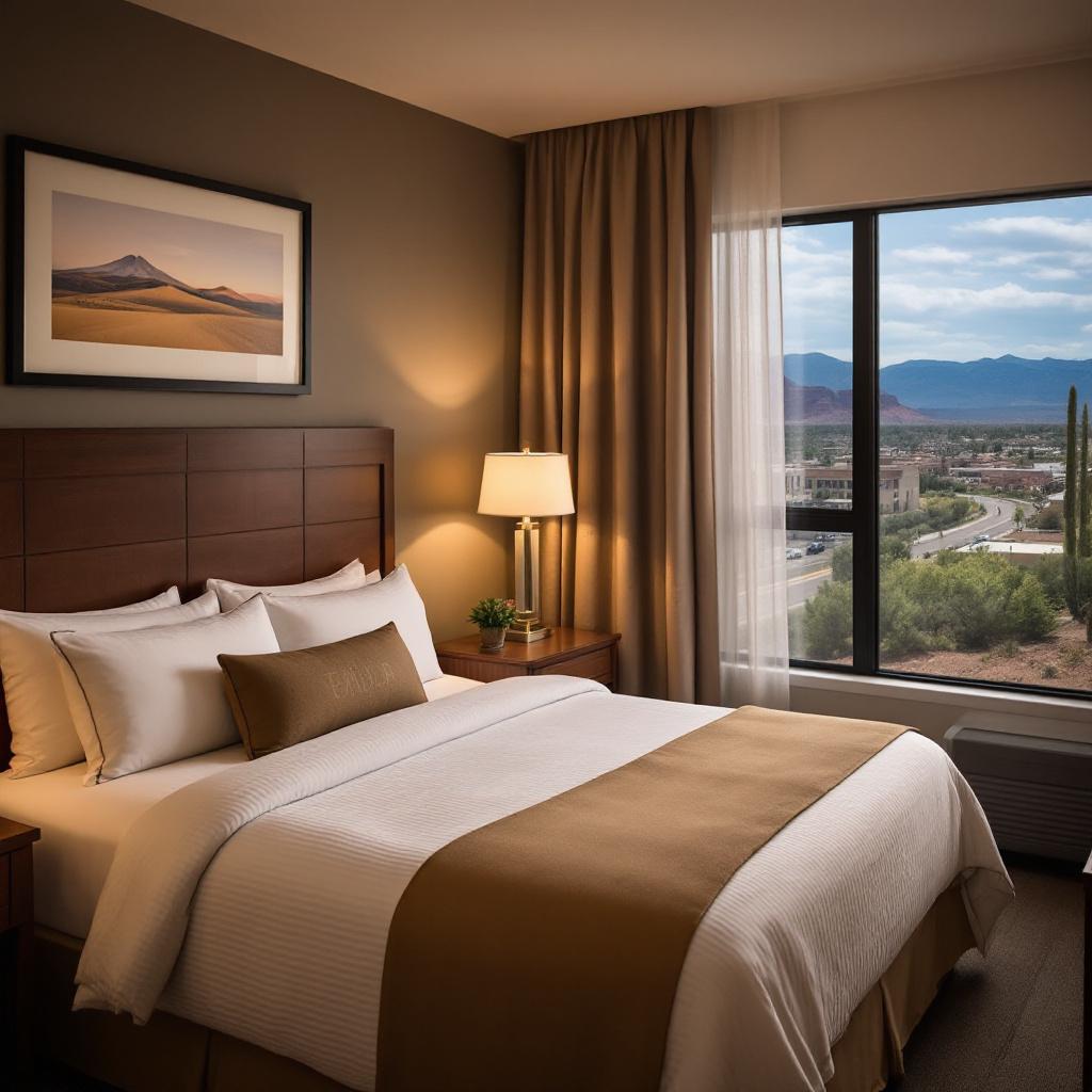 A well-decorated hotel room featuring a king-sized bed and a view of mountains outside the window.