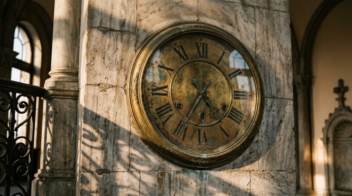 A vintage clock mounted on a marble wall.