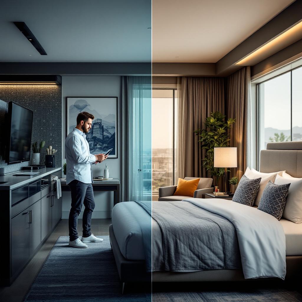 A man stands in a modern hotel room, looking at his phone.