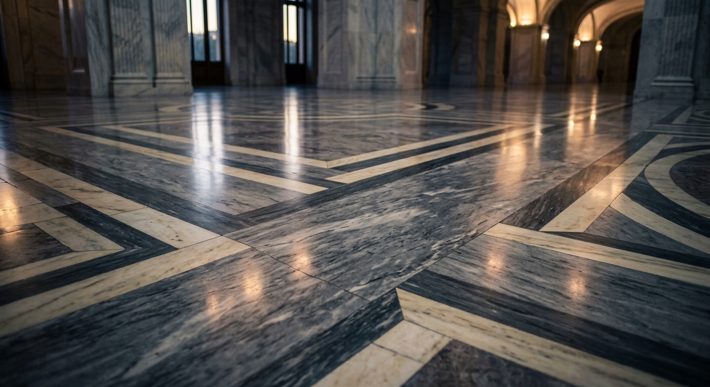 A close-up view of a marble floor with intricate patterns and reflections.