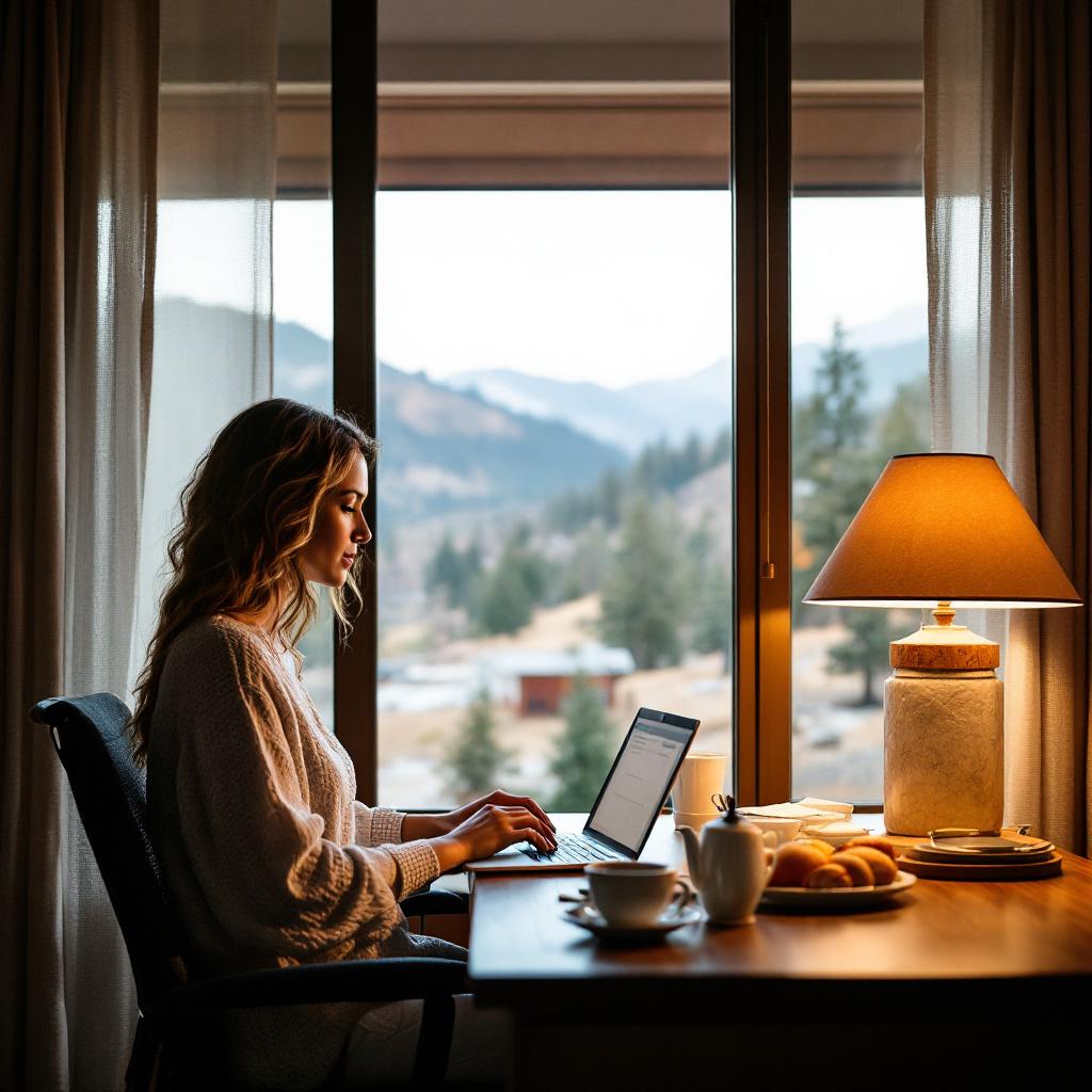 A woman working on a laptop at a desk in a hotel room with a mountain view.