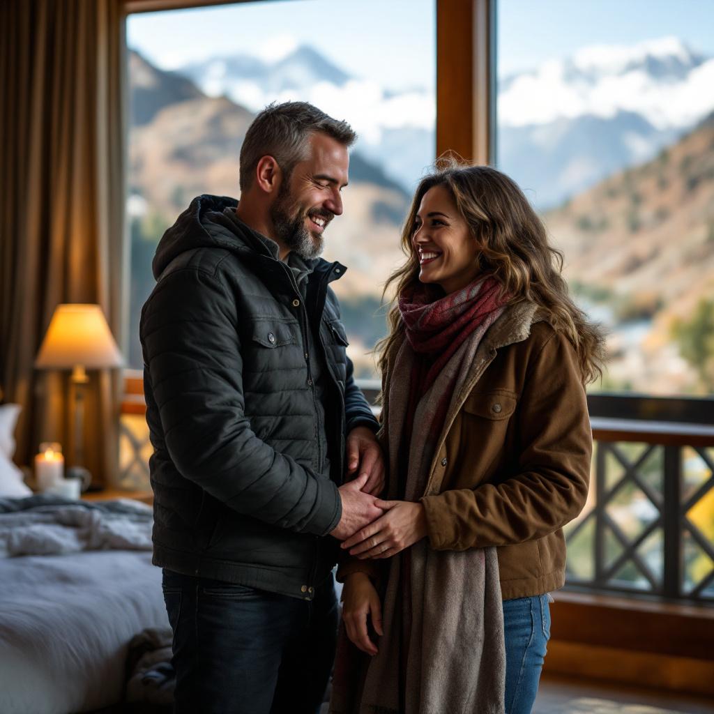 A couple smiles at each other while standing in a cozy hotel room with a mountain view.