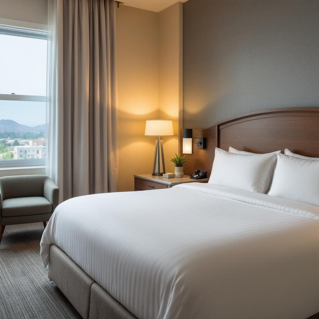 A modern hotel room featuring a large bed, a chair, and a window with a view.