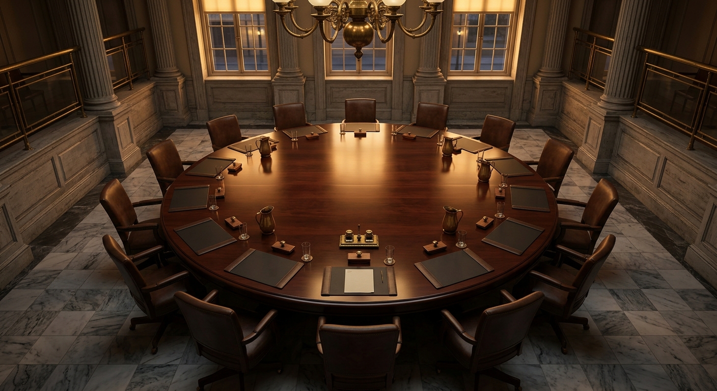 A large, round conference table surrounded by chairs in a formal meeting room.