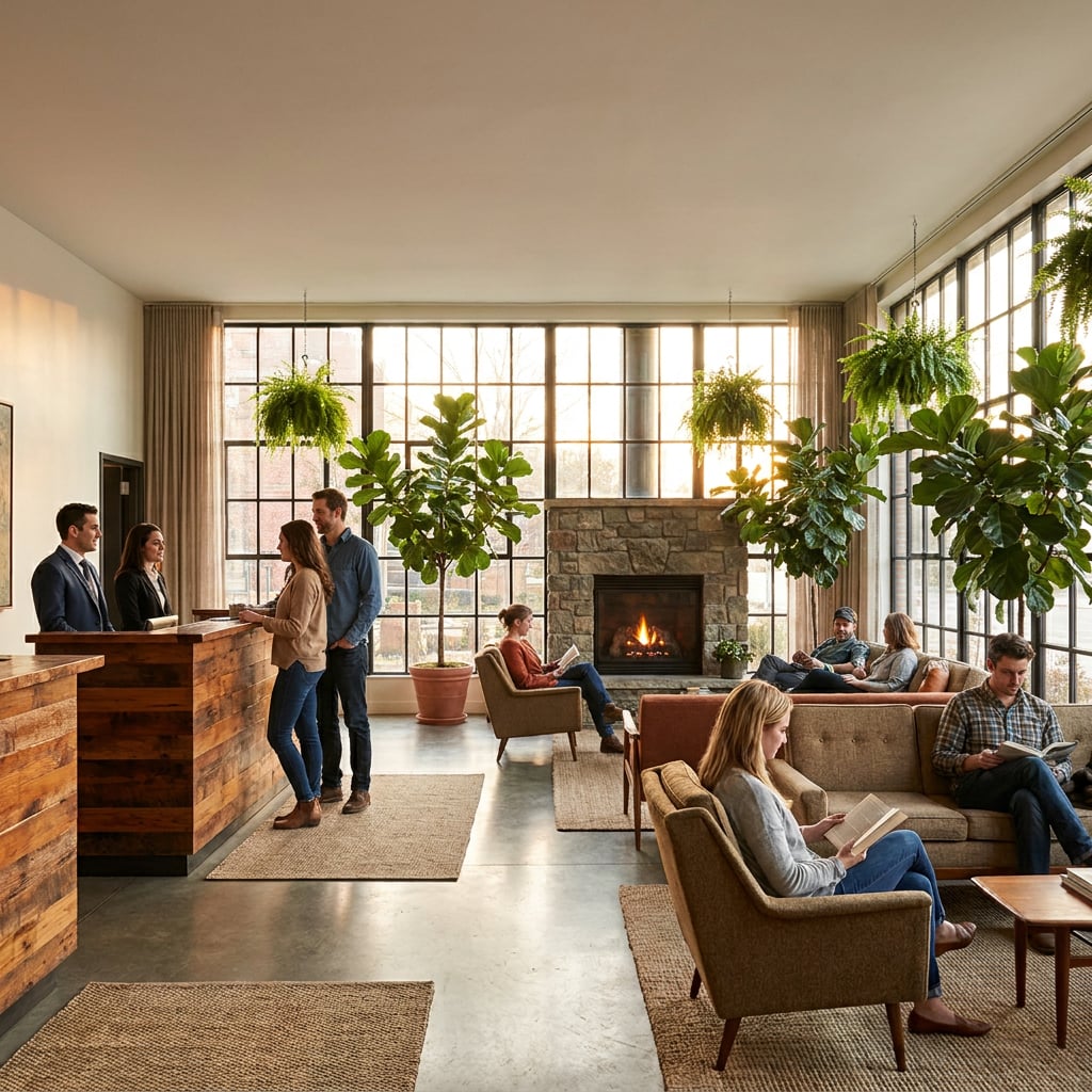 A cozy hotel lobby with guests interacting and relaxing near a fireplace.