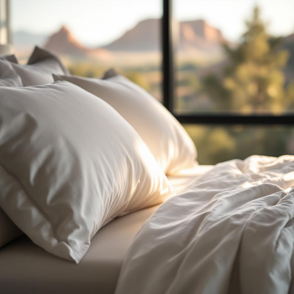 A close-up view of a neatly made bed with white pillows and bedding, set against a backdrop of mountains visible through a window.