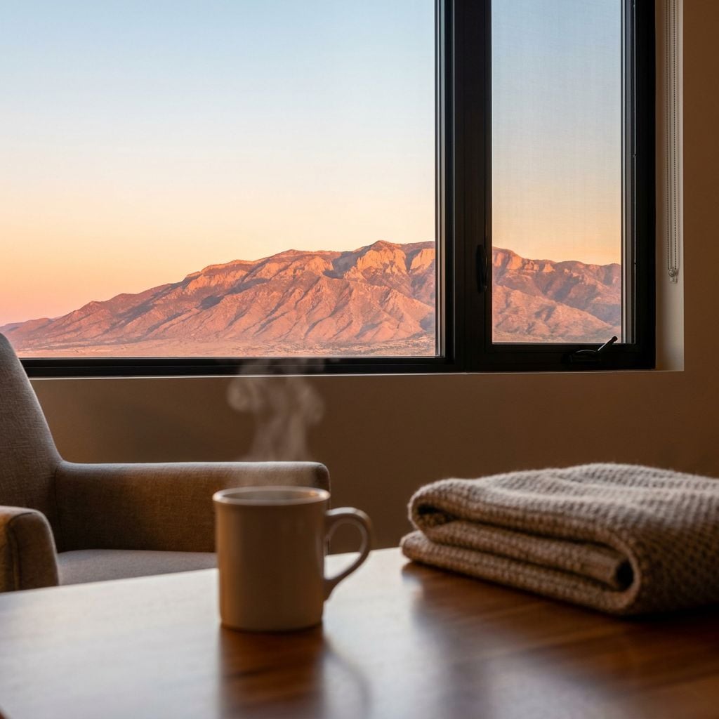A steaming cup of coffee sits on a table next to a folded blanket, with a mountain view visible through a window.