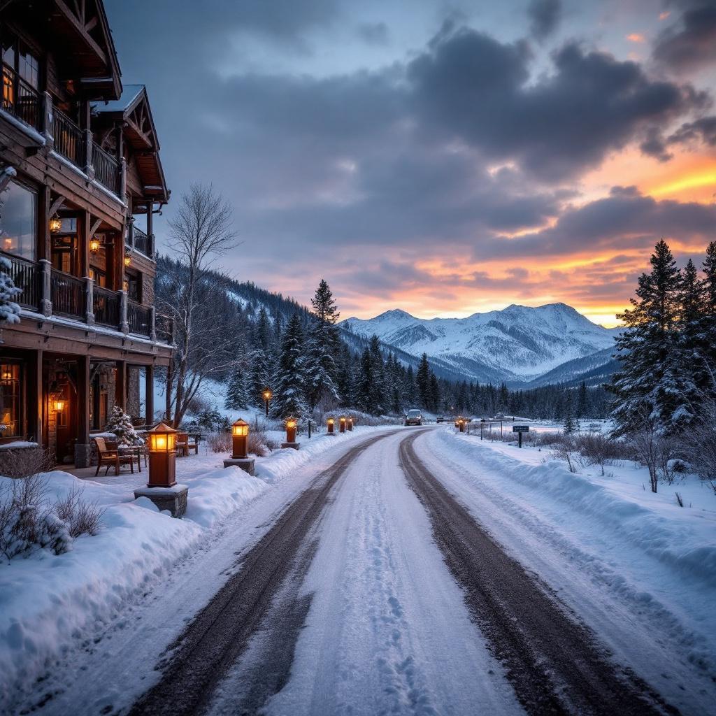 A snow-covered road leads to a mountain lodge at sunset.