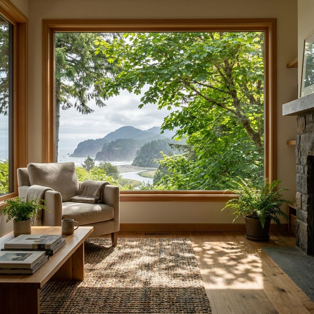A cozy living room with a view of a coastal landscape through large windows.