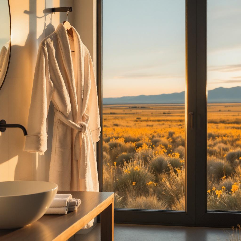 A white bathrobe hangs near a large window overlooking a field of yellow flowers and mountains in the distance.