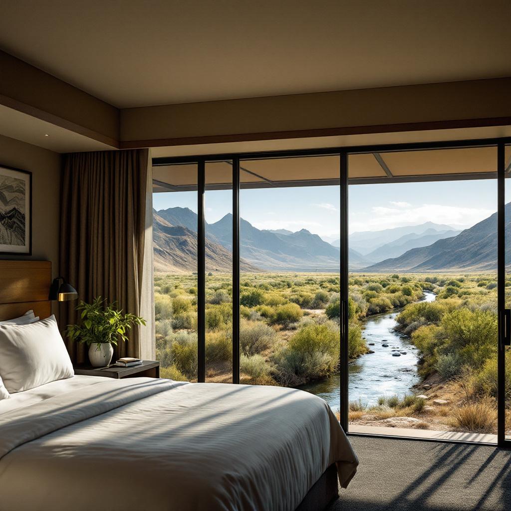 A modern hotel room with a view of mountains and a river.