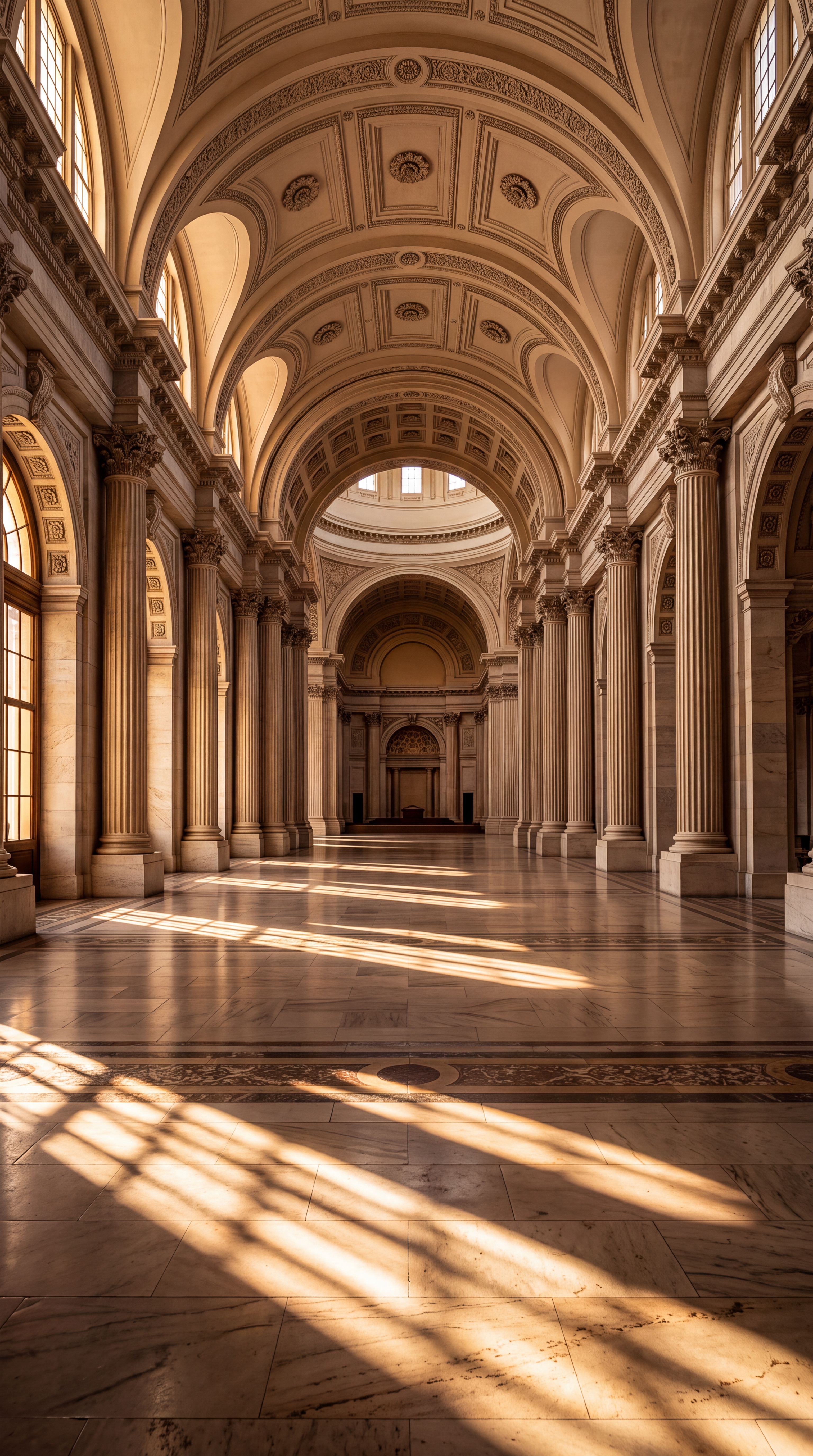 A grand interior space featuring tall columns and arched ceilings with sunlight casting shadows on the marble floor.