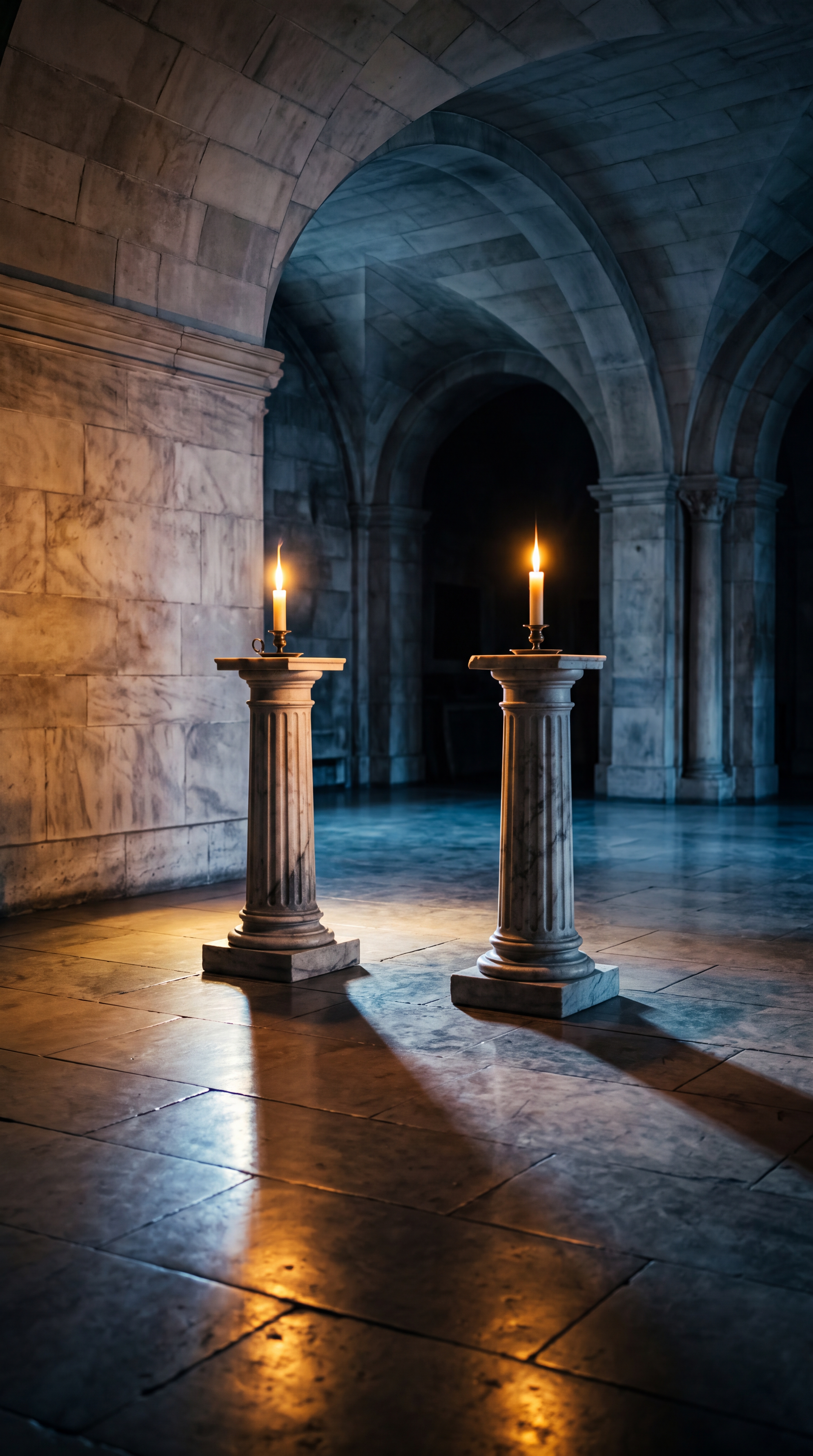 Two lit candles on marble columns in a dimly lit stone room.