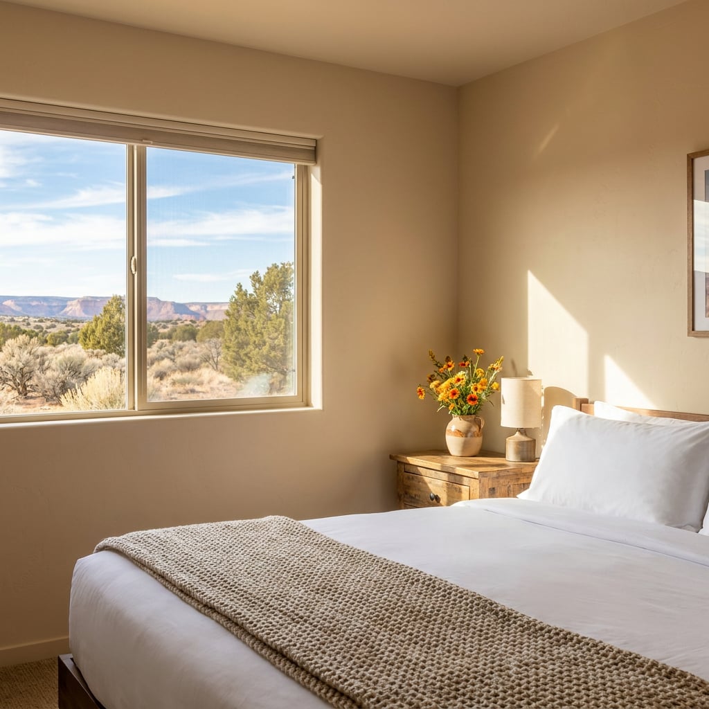 A cozy hotel room featuring a bed, a nightstand, and a window with a view of the landscape outside.