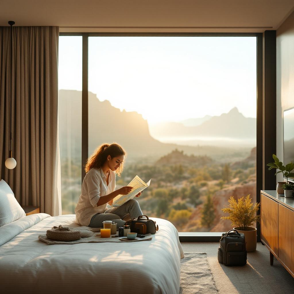 A woman is sitting on a bed reading a book with a scenic view of mountains in the background.