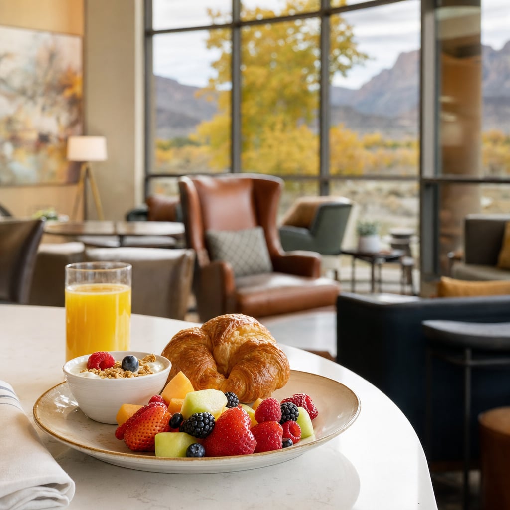 A breakfast spread featuring fruit, yogurt, a croissant, and orange juice in a cozy interior with a view of mountains.