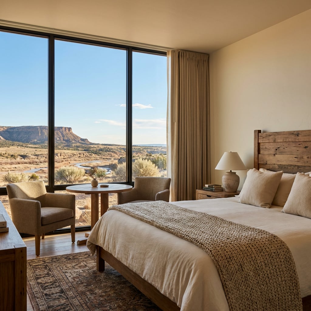 A modern hotel room with a view of a desert landscape and mountains.