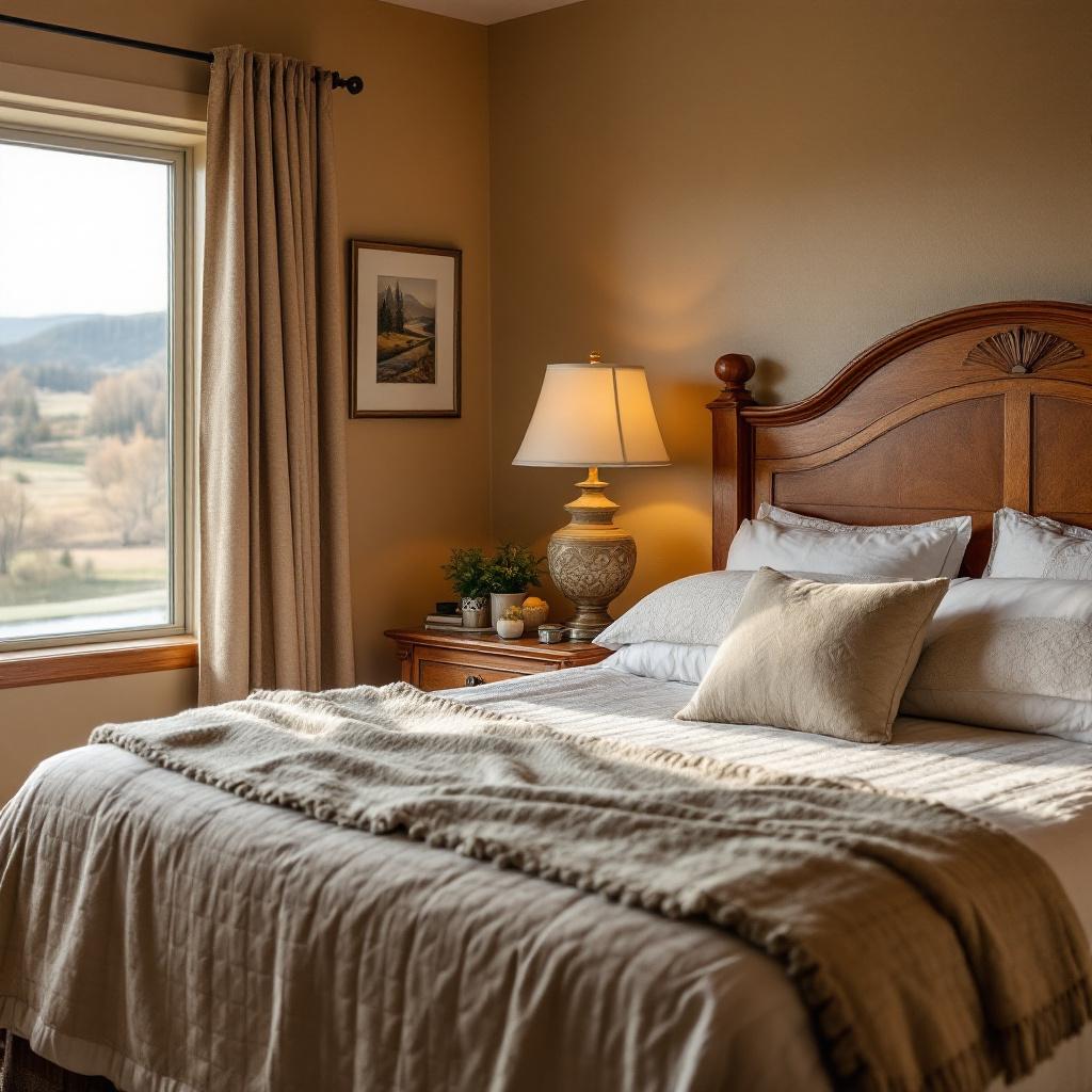 A cozy hotel room featuring a bed with soft linens and a window overlooking a scenic view.