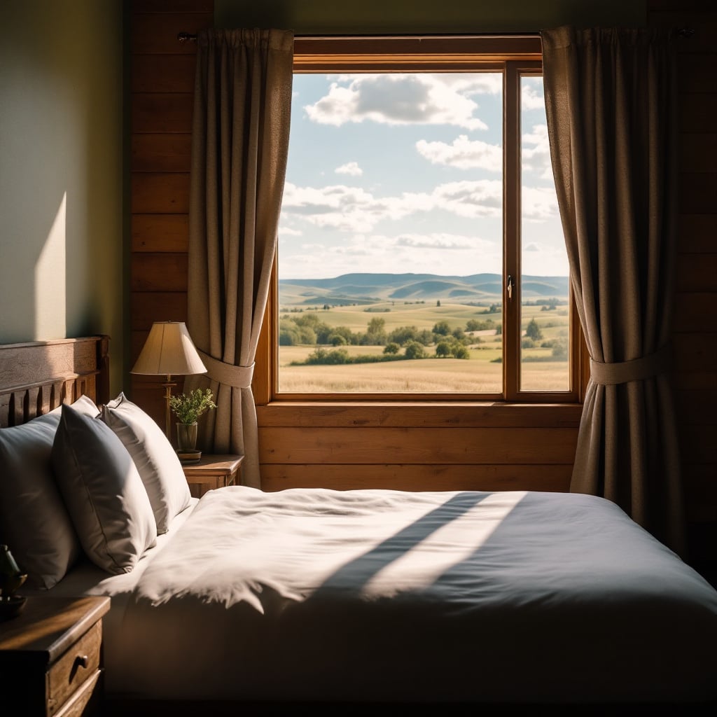 A cozy bedroom with a view of rolling hills through a window.