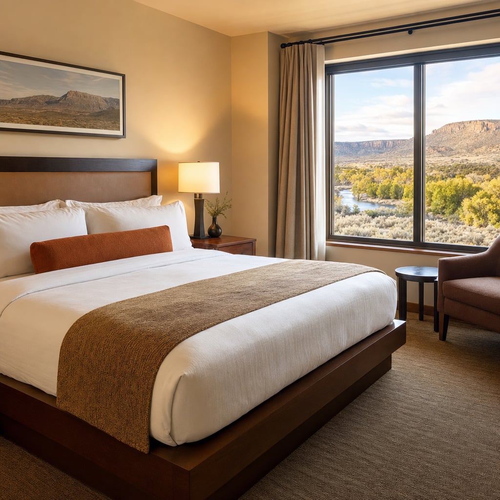 A well-furnished hotel room featuring a large bed and a scenic view of mountains and a river through a window.