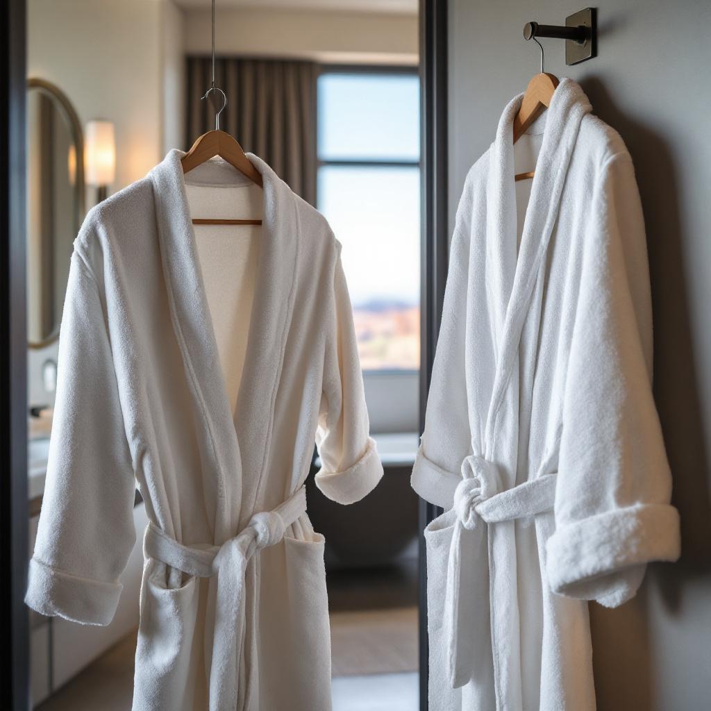 Two white bathrobes hanging on hooks in a hotel room.