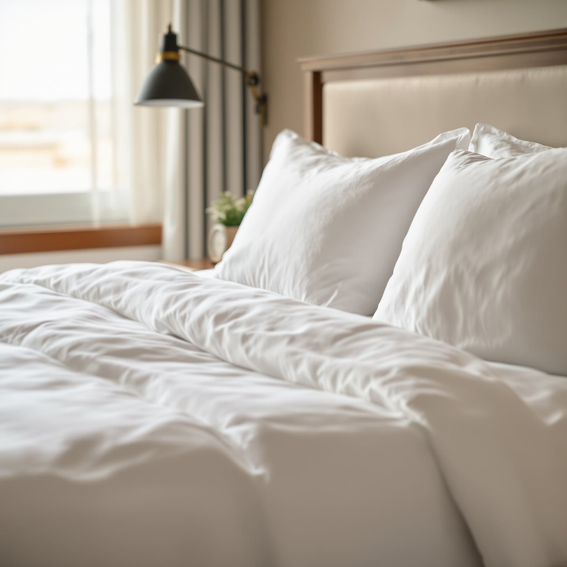 A neatly made bed with white linens and a bedside lamp in a hotel room.