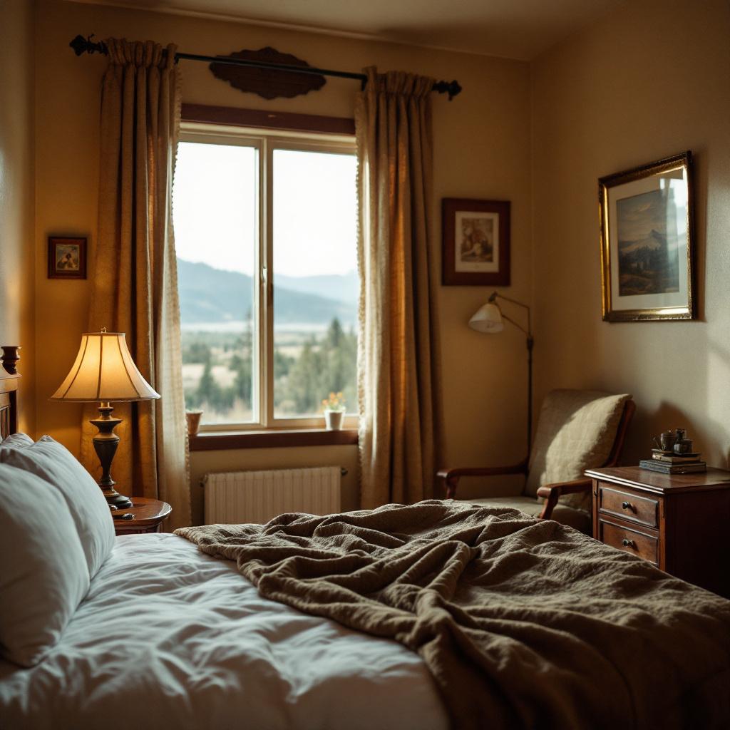 A cozy bedroom with a bed, lamp, and a view of mountains through the window.