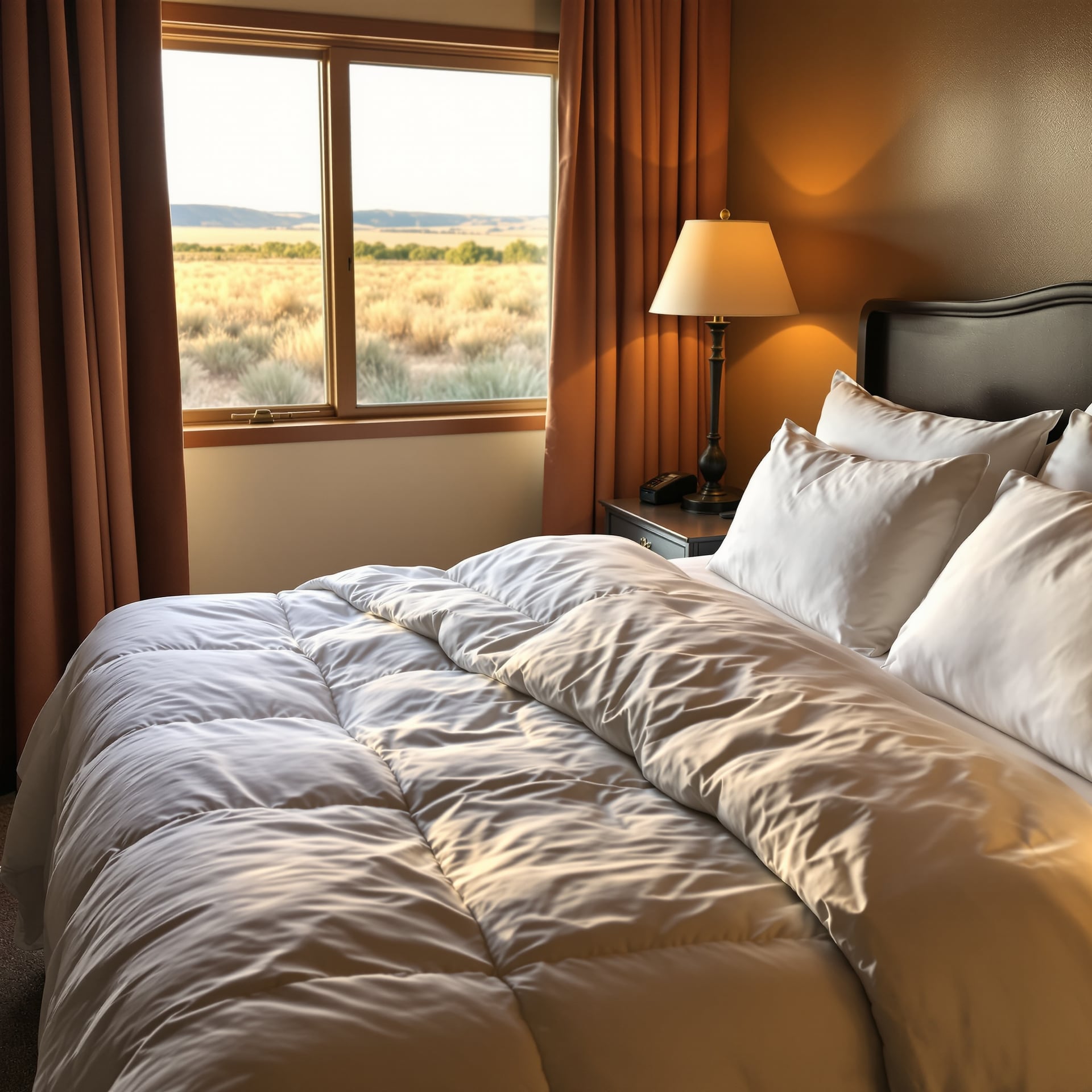A cozy hotel room featuring a neatly made bed with white linens and a window overlooking a grassy landscape.