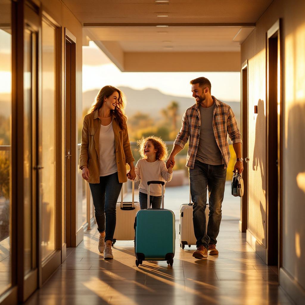A family of three walks down a hotel corridor with luggage in hand during sunset.