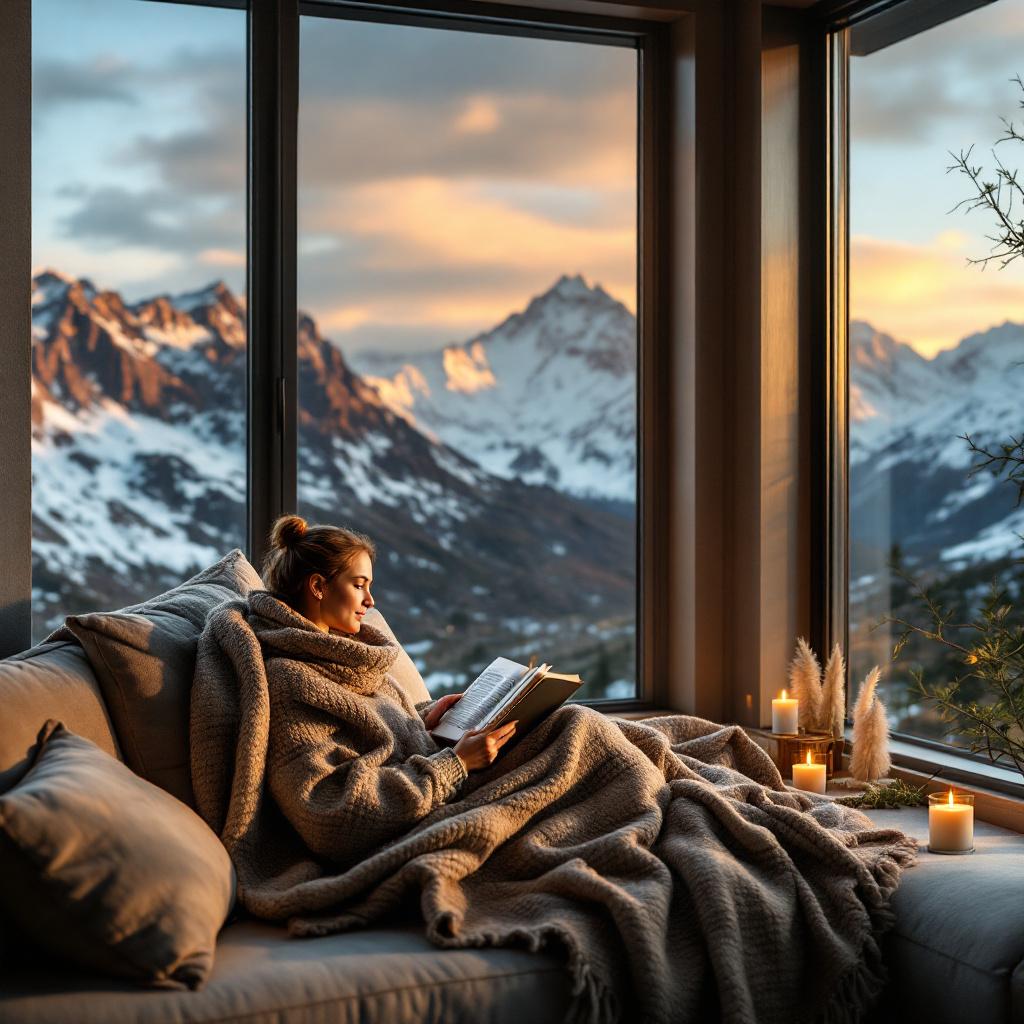 A woman reading a book while wrapped in a blanket, sitting on a couch with a view of snow-capped mountains at sunset.