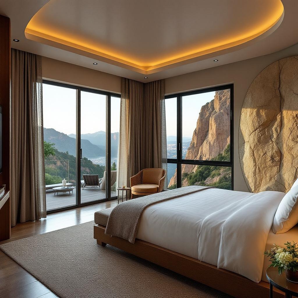 A modern hotel room with a view of mountains through large windows.