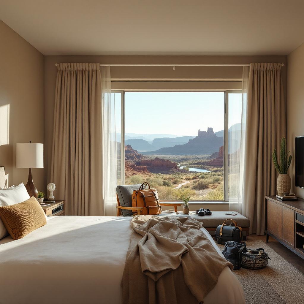 A modern hotel room with a view of a desert landscape through a large window.