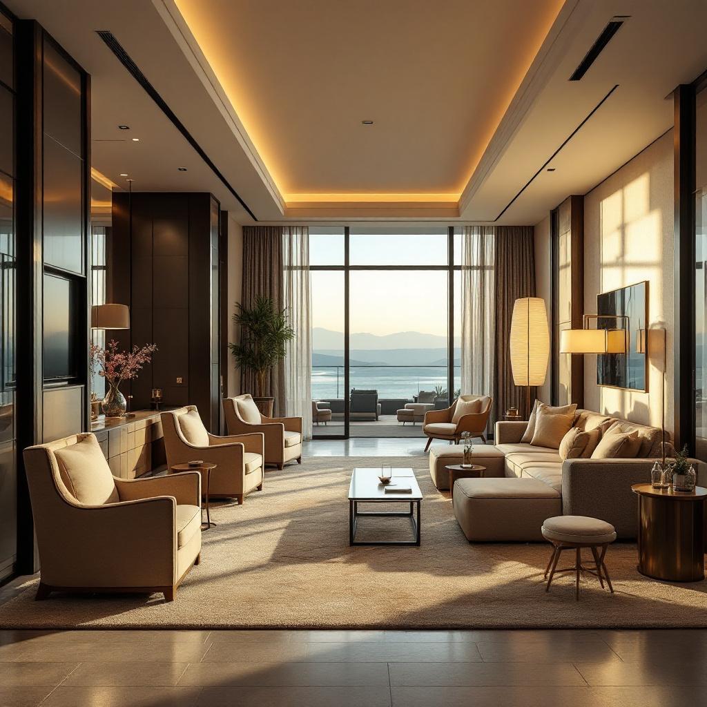 A modern living room with large windows overlooking a scenic view.
