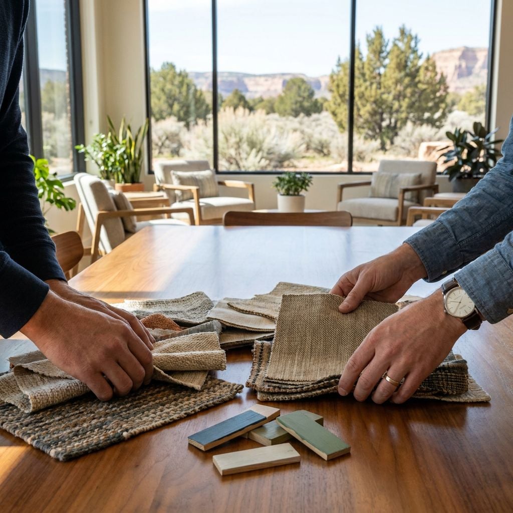 Two people are selecting fabric swatches at a wooden table in a well-lit room with large windows.