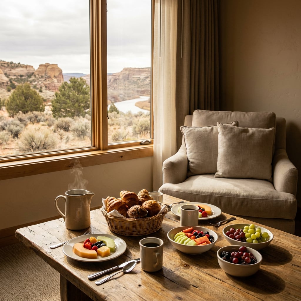A cozy breakfast setting with fruit, pastries, and coffee, overlooking a scenic view.