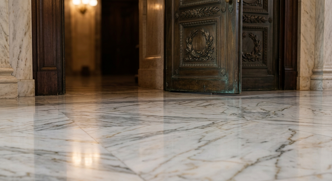 A close-up view of a marble floor with an ornate door partially open.