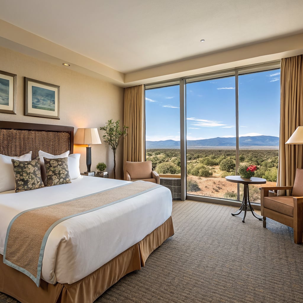 A hotel room featuring a large bed, two chairs, and a view of mountains through a large window.