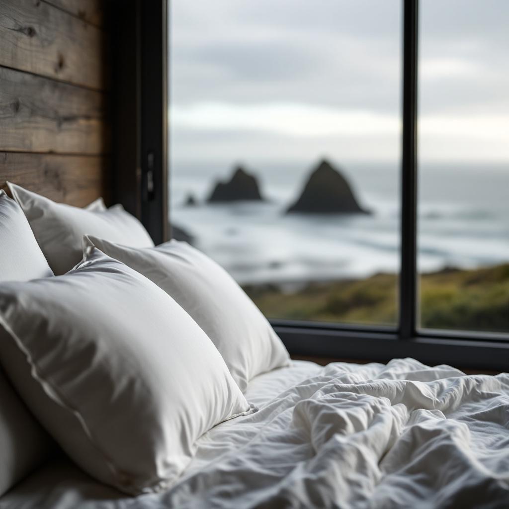 A cozy bedroom with a view of rocky coastal formations through a large window.