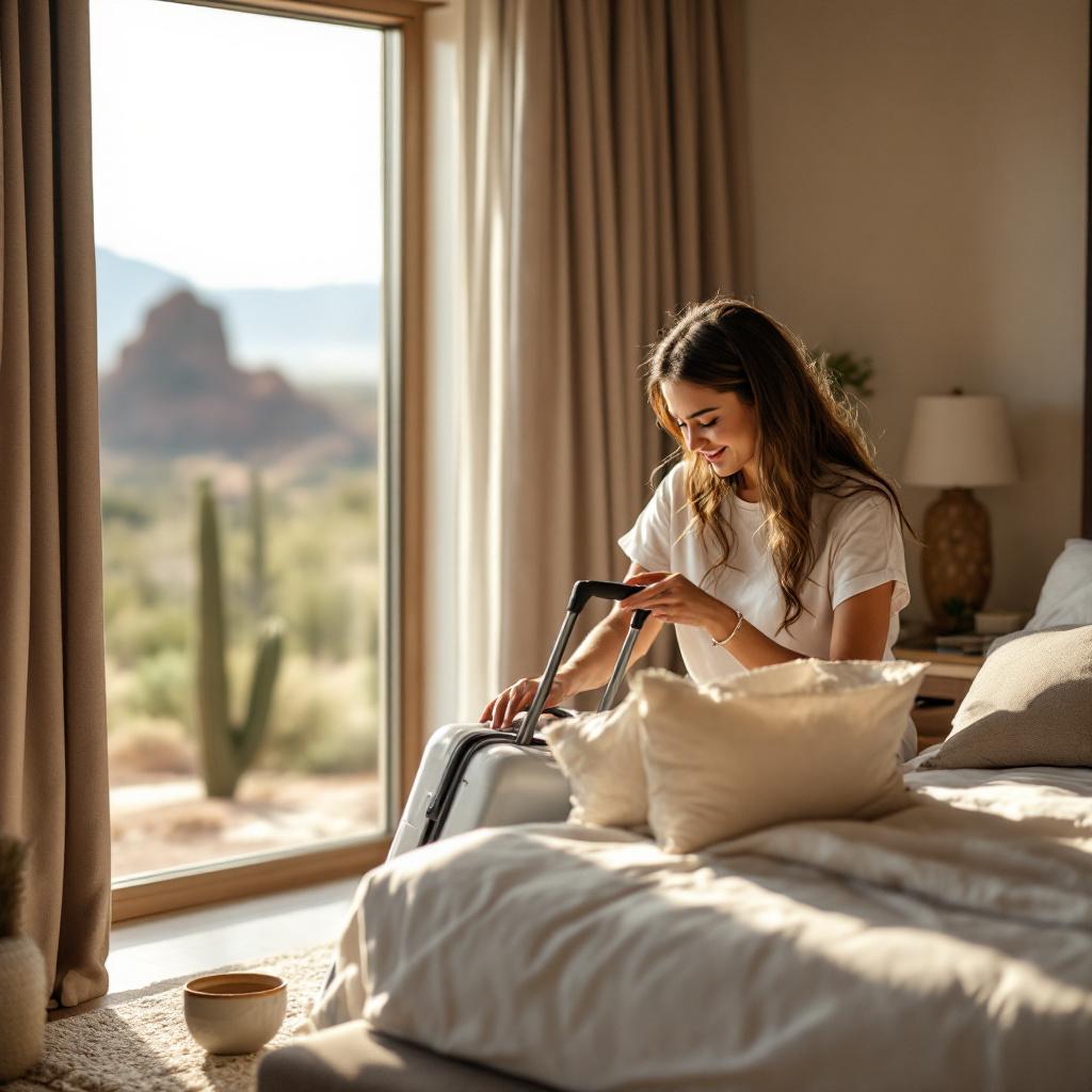 A woman is unpacking her suitcase in a cozy hotel room with a view of mountains and cacti.