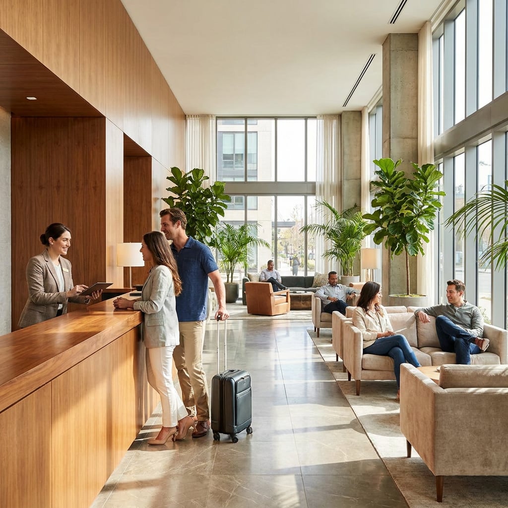 A modern hotel lobby with guests checking in and others seated.
