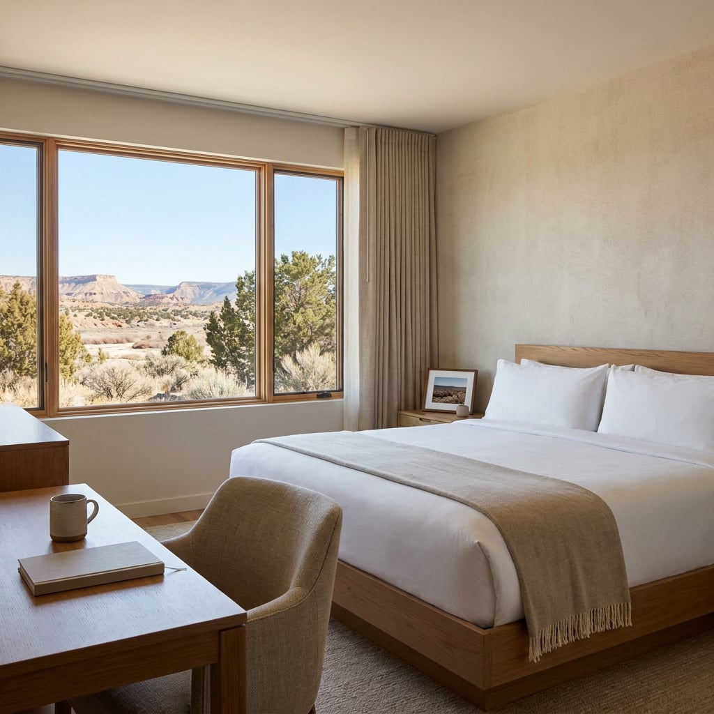 A modern hotel room featuring a large window with a view of a desert landscape.