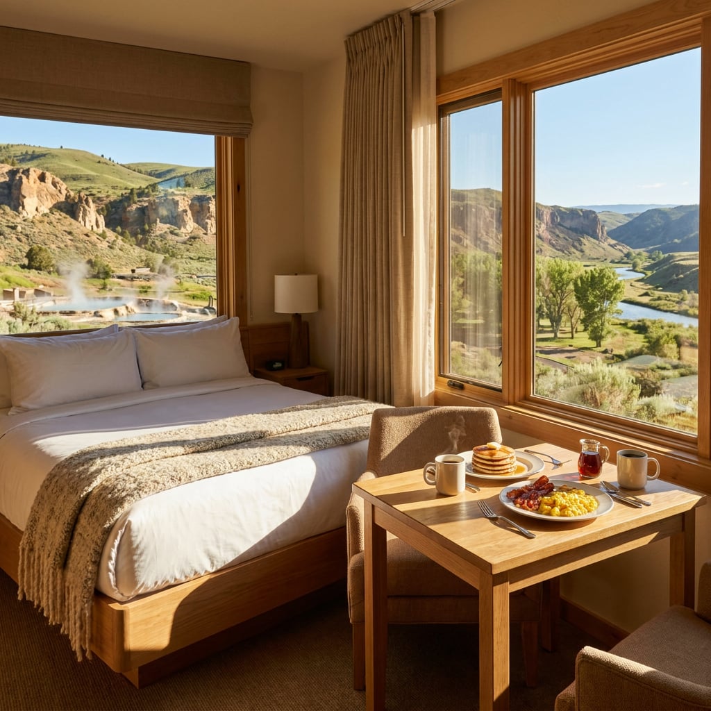 A cozy hotel room with a view of a scenic landscape featuring mountains and a river.