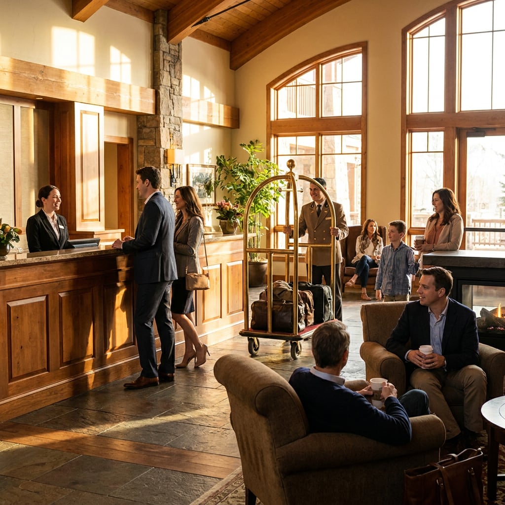 A busy hotel lobby with guests checking in and relaxing.