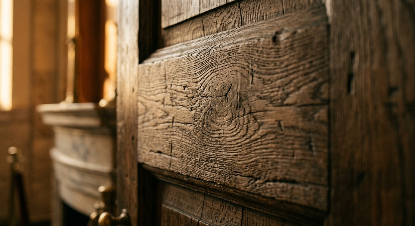 A close-up view of a textured wooden door.