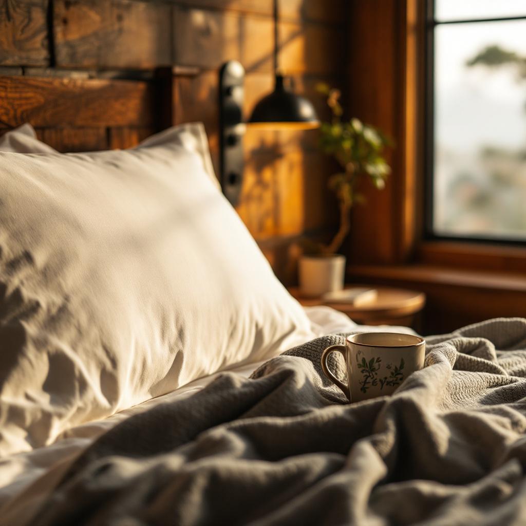 A cozy bedroom scene featuring a bed with a white pillow and a mug on the blanket.