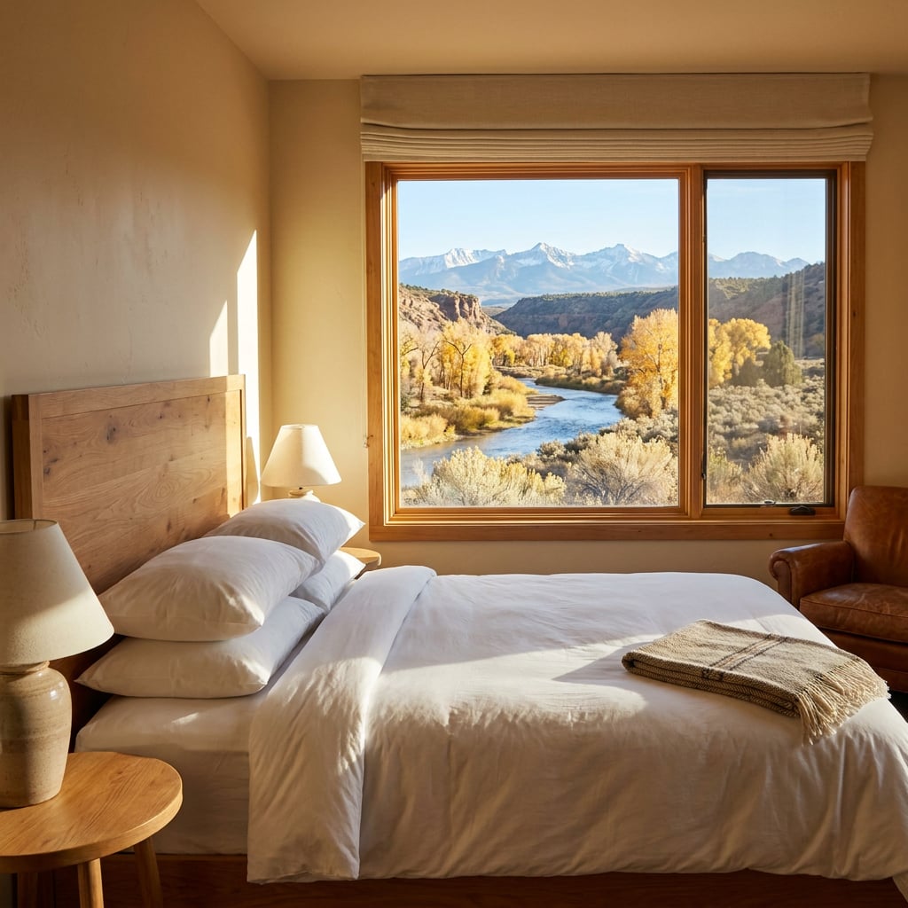 A cozy bedroom with a view of mountains and a river through a large window.