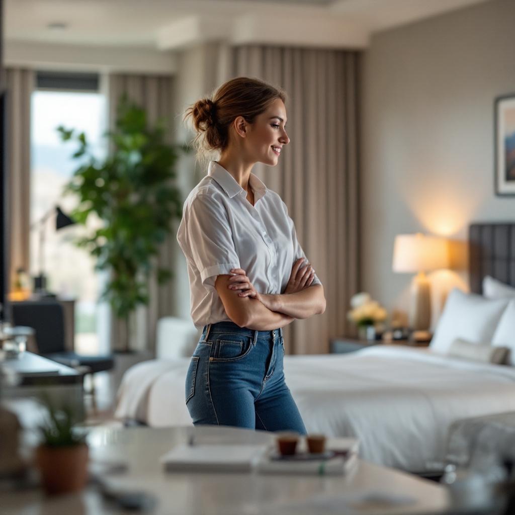 A woman stands in a hotel room with a thoughtful expression.