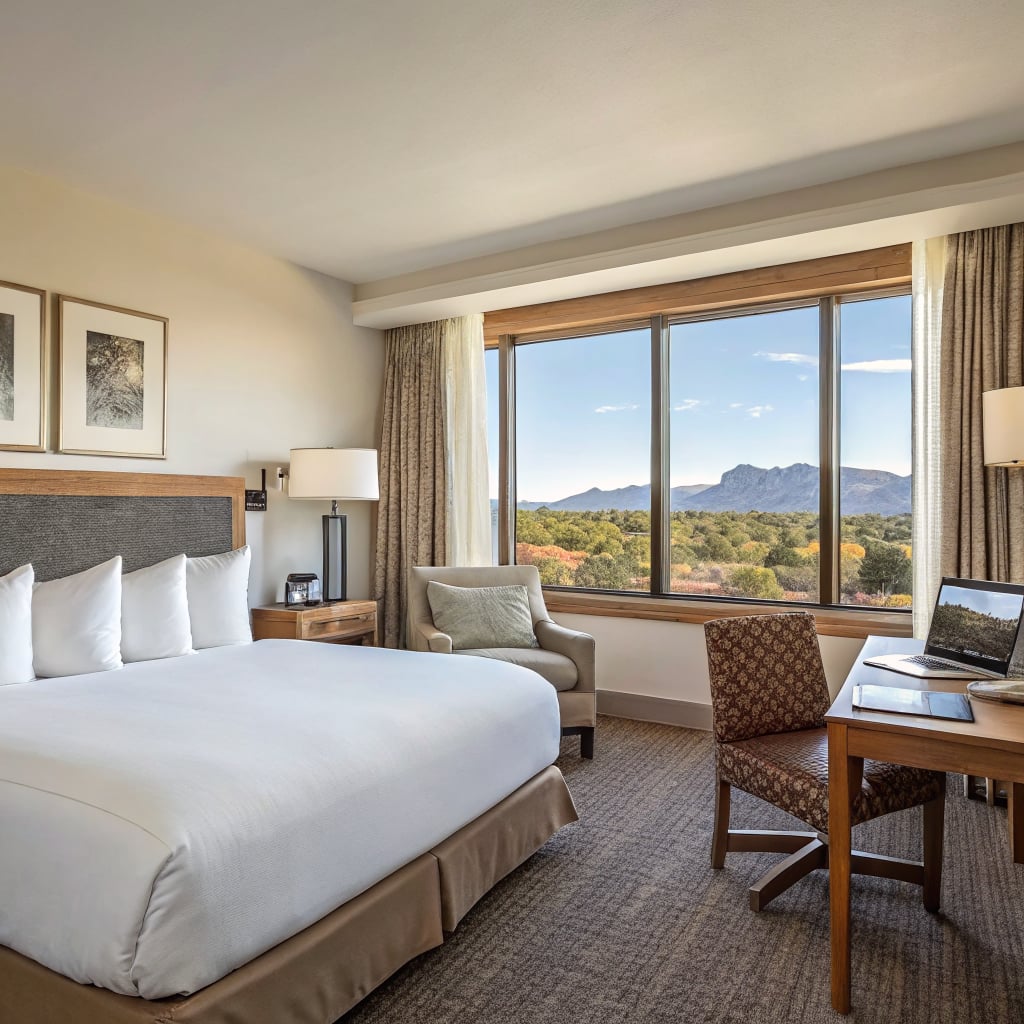 A hotel room featuring a bed, a chair, a desk, and a large window with a mountain view.