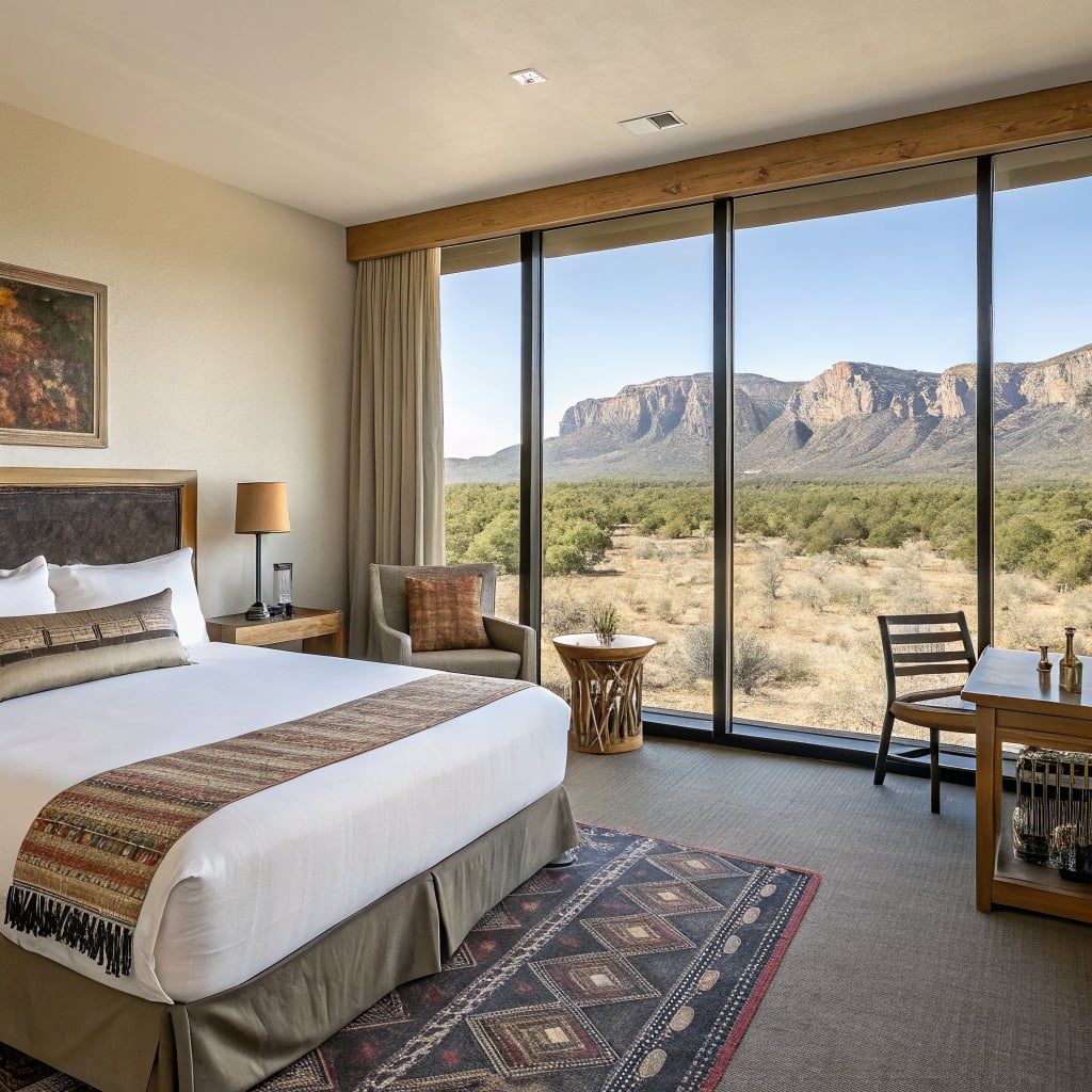 A modern hotel room with a view of mountains and desert landscape.